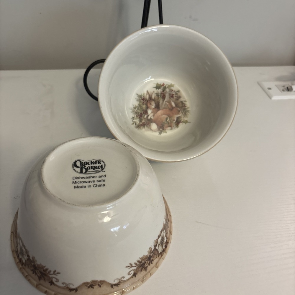 Cracker Barrel Winter Woodland Rabbits Bowls Set of 2